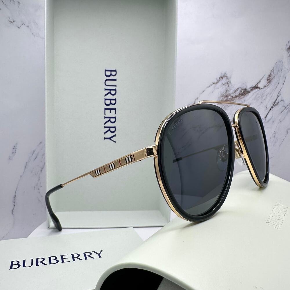 New Burberry Sunglasses Polarized Gold Black Check Arms Aviator Pilot Metal - Picture 4 of 16